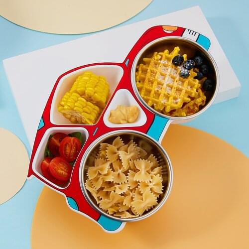 Children Car 304 Stainless Steel Plate Baby Supplementary Food Bowl Kindergarten Separate Bowl Fork Spoon Three-piece Bowl