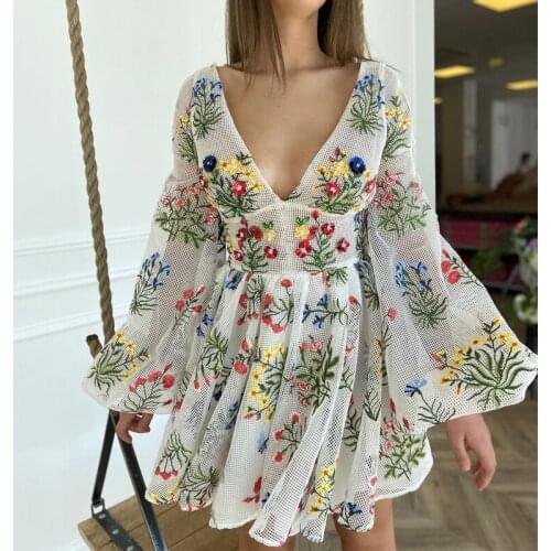 Women Fashion Puff Sleeve Party Dress Elegant Floral Embroidery Mini Dress New Arrival Ladies Sexy V Neck A Line Dress