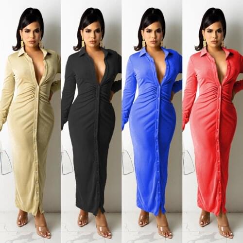 Elegant Streetwear Pleated Cardigan Long Sleeve Shirt Dress Sexy Button V Neck Solid Ruched Club Long Women Dress Robe Lounge