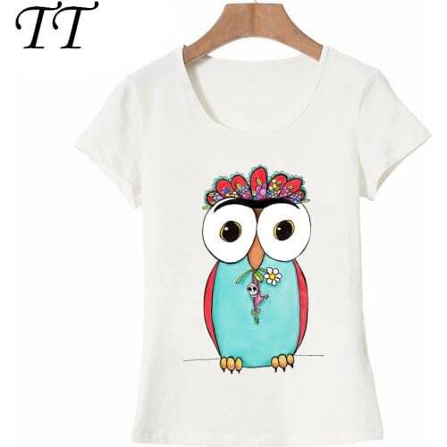 New Fashion Women T Shirts Cute Flowers Frida Kowlo Owl Print T-Shirt Funny Owl Art Design Casual Tops Female Short Sleeve Tee
