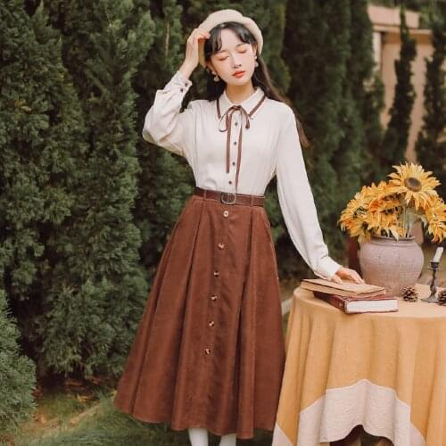 SWEETXUE Cute Preppy Style Student Sets Single-Breasted Bow Shirt + Corduroy Skirt Womens Casual 2-Piece Suit