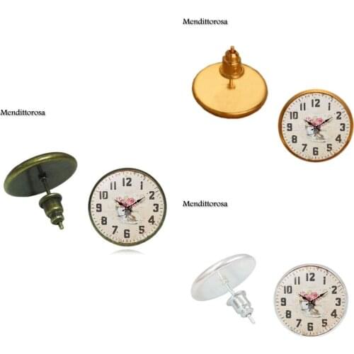 Mendittorosa Fashion Multi Designs Glass Cabochon Bronze/Silver/Golden Clip Ear Hook Stud Earrings Jewelry Gifts Time pointer