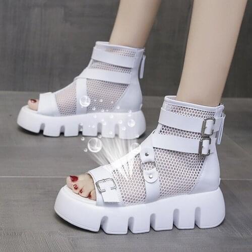 Mesh sandals womens 2021 summer fish mouth new height increased platform platform shoes belt buckle Roman sandals X833