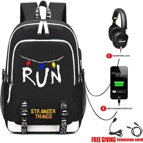 Stranger Things Love Run Book bag Rucksack Student School Bag For Boys Girls Travel Backpack USB Port Mochila Black Backpack