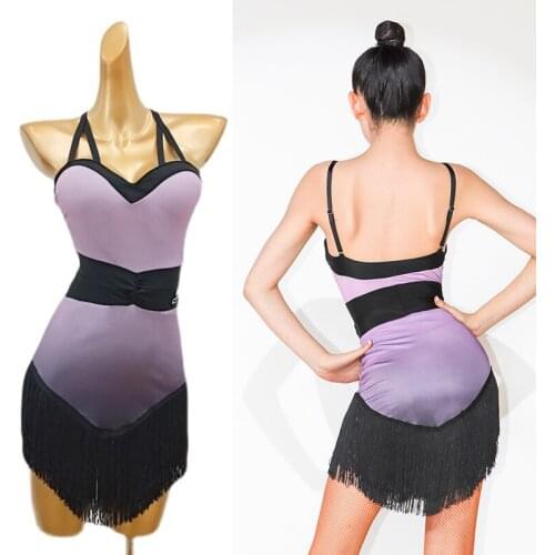 Latin Dance Dress Female New Style Sling Tassel Skirt Gradient Purple Dance Practice Dress Latin Dance Competition Dress DN8459