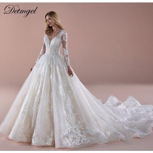 Detmgel Design Romantic V-Neck Long Sleeve A-Line Wedding Dresses 2020 Luxury Beaded Appliques Chapel Train Princess Bridal Gown