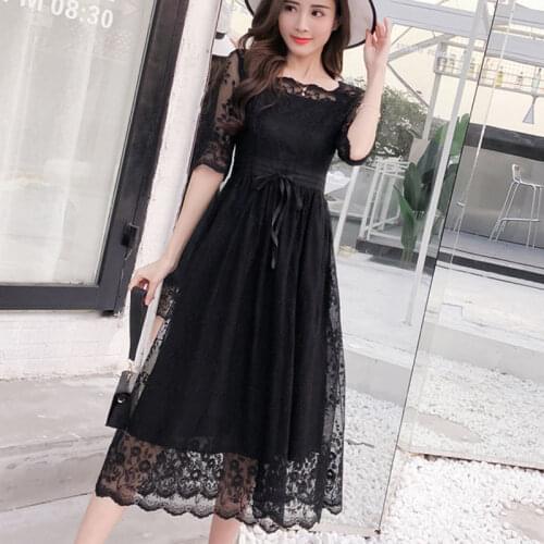 Summer Polyester Womens Dress Square Collar Middle Sleeve Pullover Sashes Lace White Black Solid Fashion Office Lady Dress