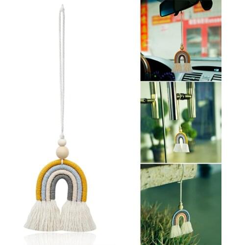 Rear View Mirrior Pendant Handmade Cotton Rainbow Tassel Car Diffuser Hanging Keychain Car Interior Decor for Vehicle TS2