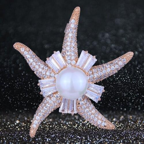 FARLENA Jewelry Luxury Micro Pave Zircon starfish Brooch Pins for Women Wedding Accessory Elegant Simulated Pearl Brooch