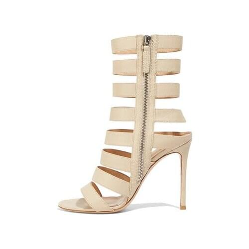 Sexy ladies Summer Roman Womens High Heels Hollow Out Sandals Open Toe Zipper Fashion Stiletto Beige Sandalias Dress Shoes