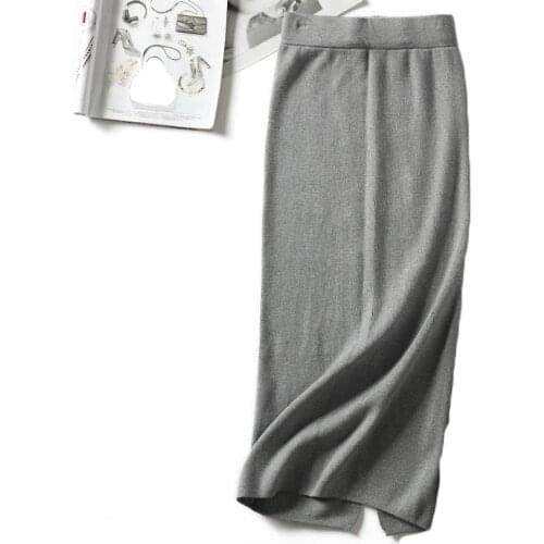 Grey Black Autumn Winter Knitted Skirt Womens Casual High Waist Bodycon Pencil Skirt Female Slim Elastic Waist Midi long Skirts