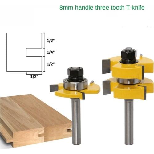 Three-tooth T-shaped tenon cutter, jigsaw cutter, floor cutter, woodworking cutter