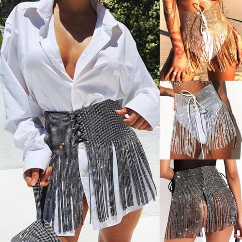 Women Skirt Shiny Rhinestone Crystal Wedding Bridal Female Silver Long Fringe Tassel Sexy Ladies Bling Bandage Mini Clothing