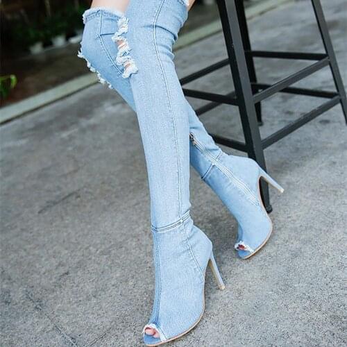 Fashion hole jeans sexy high boots women shoes 2021 high heel over the knee stretch women boots open toe denim thigh shoes woman
