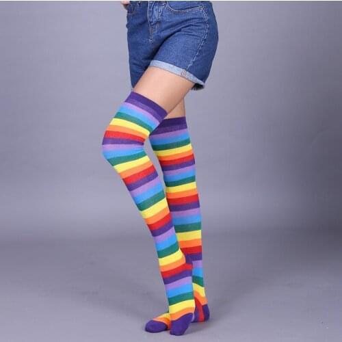 Women Socks Rainbow Stripe Lengthened Large Size Long Tube Cotton Socks Knee Socks for Holiday and Party Good Gift for Friends