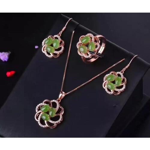 LANZYO 925 sterling silver natuarl green Jasper Jewelry Sets Fine Jewelry Ring Necklace Pendant Earring Women Bridal tz0406agby