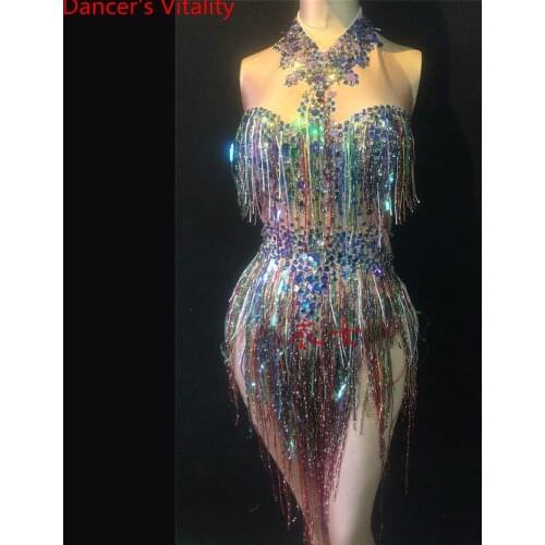 Singer Host Model DJ Colorful Sequin Tassel Diamond Body Suit Latin Dance Stage Wear Adult Women Performance Costume Garments