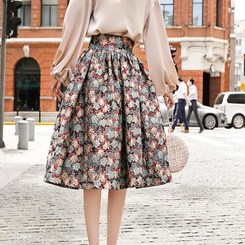 Ladies Jacquard Flower Ball Gown Long Summer Skirt Women Clothes Vintage Print High Waist Puffy Bud Beach Boho Skirts Female