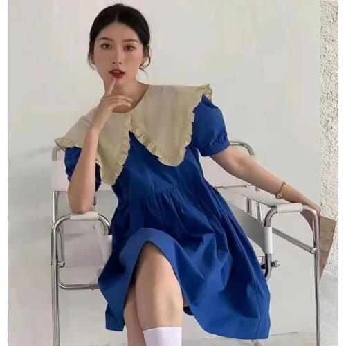 Heydress 2021 summer elegent peter pan collar short sleeve solid women high waist dress A-line loose casual cute female Vestidos
