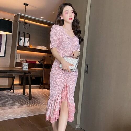 Fashion Vintage Korean Puff Sleeve Midi Party Dress Ladies Elegant Casual Robe V-Neck Dot Print Lace Folds Mermaid Beach Dress