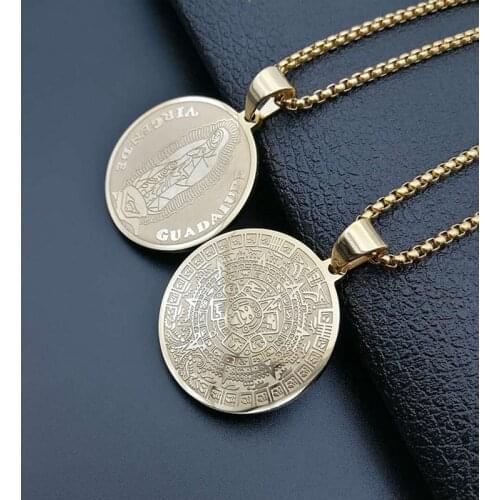 Hip Hop Gold Stainless Steel Maya Sundial Pyramid Lucky Commemorative Virgin Mary Round Pendants Necklace for Men Rapper Jewelry
