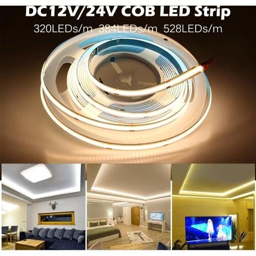 5m/lot 8mm/10mm COB Flexible LED Strip Light 320/384/528Leds/m CRI Super Bright LED Bar Light Tape DC12V/24V for Decor Lighting