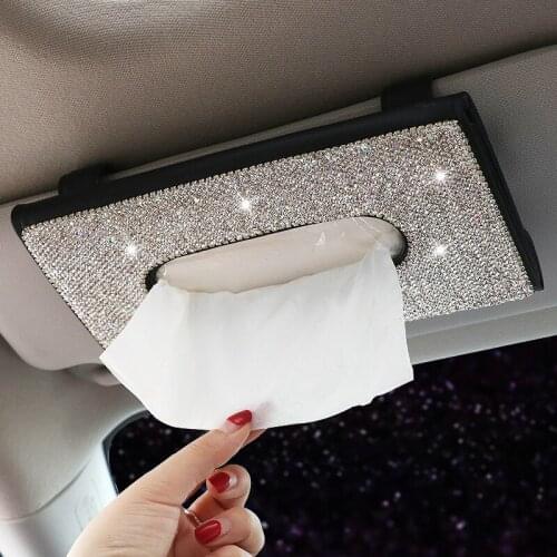 Car Sunshade Crystal Rhinestone Tissue Box Auto Hanging Tissue Drawer Box Diamond For Sun Visor Car Storage Decorative Items