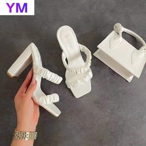 Sexy 2021 Designer Fashion Pleated Female Sandals Open Toe High Square Heels Lady Pumps Dress Party Shoes Women Summer Slides 43