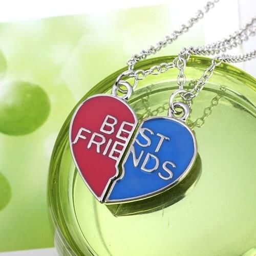Daren Design Best Friends Letters Necklace Heart Two Parts Pendant Necklace Blue and Red Birthday Gift For Best Friends