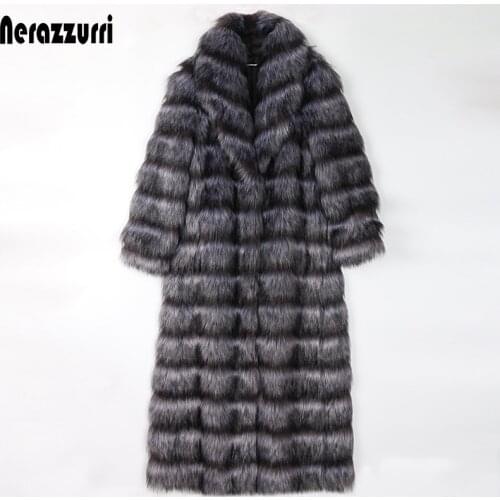 Nerazzurri Long fluffy warm faux fur coat women 2020 long sleeve Womens plus size silver fox fur coats 5xl 6xl Winter fashion