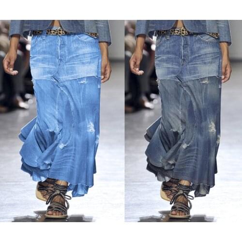 Denim Jeans Women Long Skirt KALENMOS Stretch Vintage Loose Slim Fit Blue Club Streetwear Cotton Sexy Harajuku Skirts Plus Size