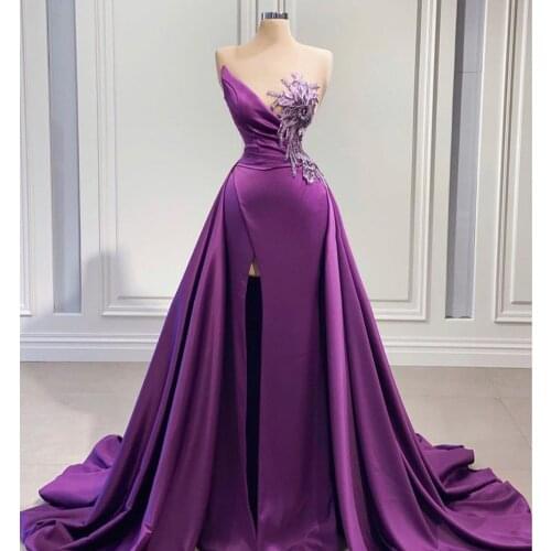 Purple Dubai Arabic Prom Dresses For Black Girls Front Slit Satin Long Evening Dress Elegant Formal Party Gowns 2021 Plus Size