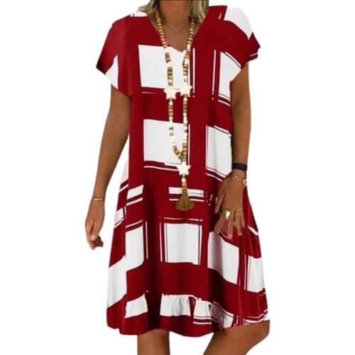 T-shirt Dress summer dress Plaid Soft Women V Neck Short Sleeve Dress short sleeve V neck midi dress loose casual robe femme