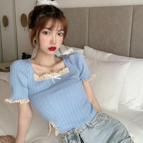 Sweet Sexy Tops Square Collar Knitted For Women Short Sleeve T Shirt Girl Lace Short T Shirts Summer 2021