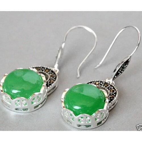 Hot Sell Fashion 925 Sterling Silver Natural Green jade Quartzite stone Marcasite Earrings
