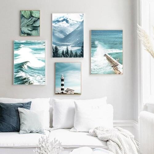 Mountain Ocean Leaf Canvas Poster Nordic Wall Art Print Scandinavian Nature Scenery Contemporary Decoration Picture