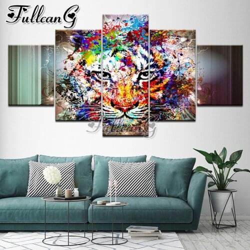 FULLCANG 5 Piece abstract color tiger head diamond painting rhinestone full square round mosaic embroidery animal decor FC2109