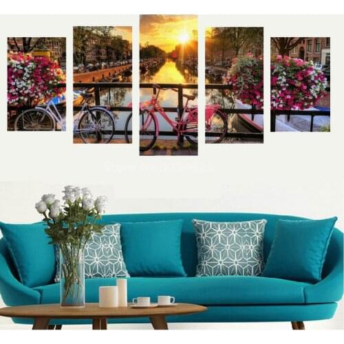 Beautiful City 5 Pieces Sunset Landscape Wall Art Canvas Prints High Definition Waterproof Canvas Art Print Poster Home Unframed