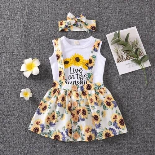 Infants Sunflower Three Piece Set Summer 2021, Babys Sunflower Print Lettering Vest Skirt Hair Band for Girls