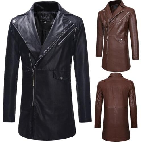 Mens Mid-Length Leather Trench Coat Long Sleeve Solid Color Oblique Turn Down Collar Faux Leather Tops Casual Slim Coat