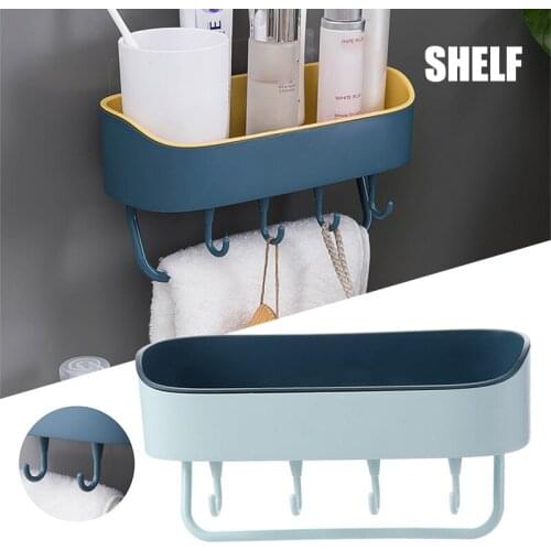 Punch-Free Wall Mount Hanging Shelf Removable Hook Storage Shelves Shower Rack Kitchen Bathroom Accessories PI