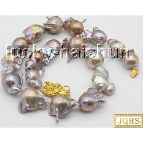 Natural HUGE 18" 27mm natural purple Reborn keshi pearls necklace dragon clasp c62