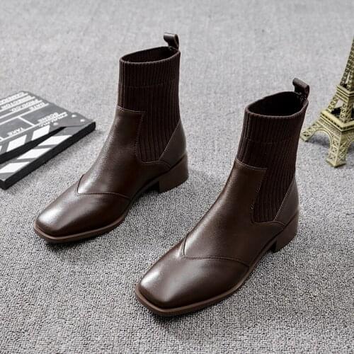 2020 new thick heel knitted Chelsea short boots medium heel elastic socks boots single boots square head Martin boots