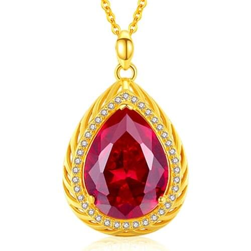 Luxury red crystal ruby gemstones diamonds pendant necklaces for women 14k gold color jewelry bijoux water drop fashion gifts