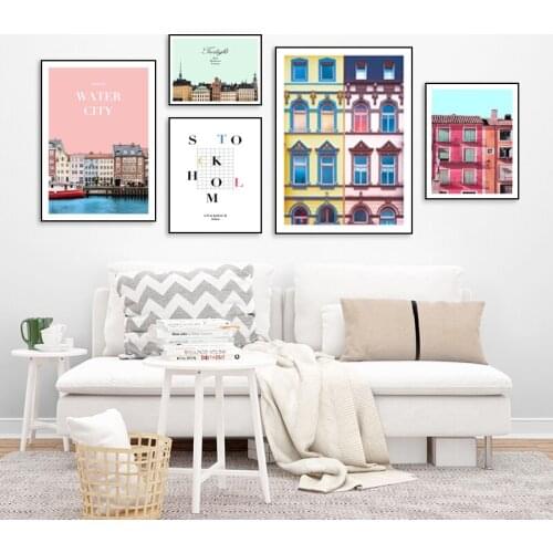 Scandinavian Pink Water City Wall Art Picture Canvas Painting Landscape Nordic Posters And Prints Living Room Decoration