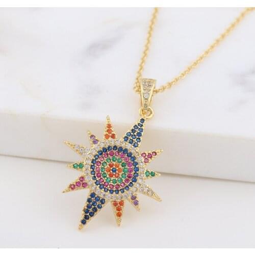 Fabulous Rainbow CZ Rhinestone Star Charm Pendant Necklace Candy Crystal Sun Necklaces Femme Collier Jewelry Gift