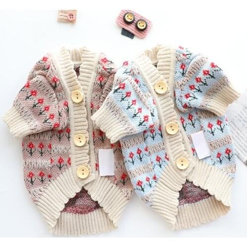 Floral Sweaters Dog Clothes Knit Cardigan Dogs Clothing Pet Outfits Autumn Winter Cotton Yorkies Print Blue Boy Ropa Para Perro
