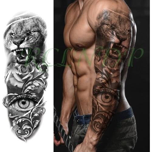 Waterproof Temporary Tattoo Sticker lion sharp teeth rose flowers big eye full arm large fake tatto flash tatoo for men women