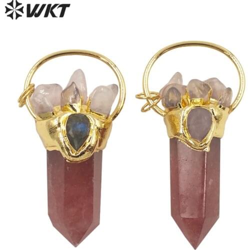 WT-P1678 Wholesale Fashion gold electroplated resist tarnishable Strawberry Quartz pendant for necklace jewelry big pink pendant