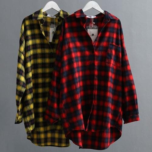 VogorSean Autumn Cotton Plaids Women Blouses Shirt 2019 High Quality Fashion Plus size Womens Shirts Plaid Tops Red/Yellow